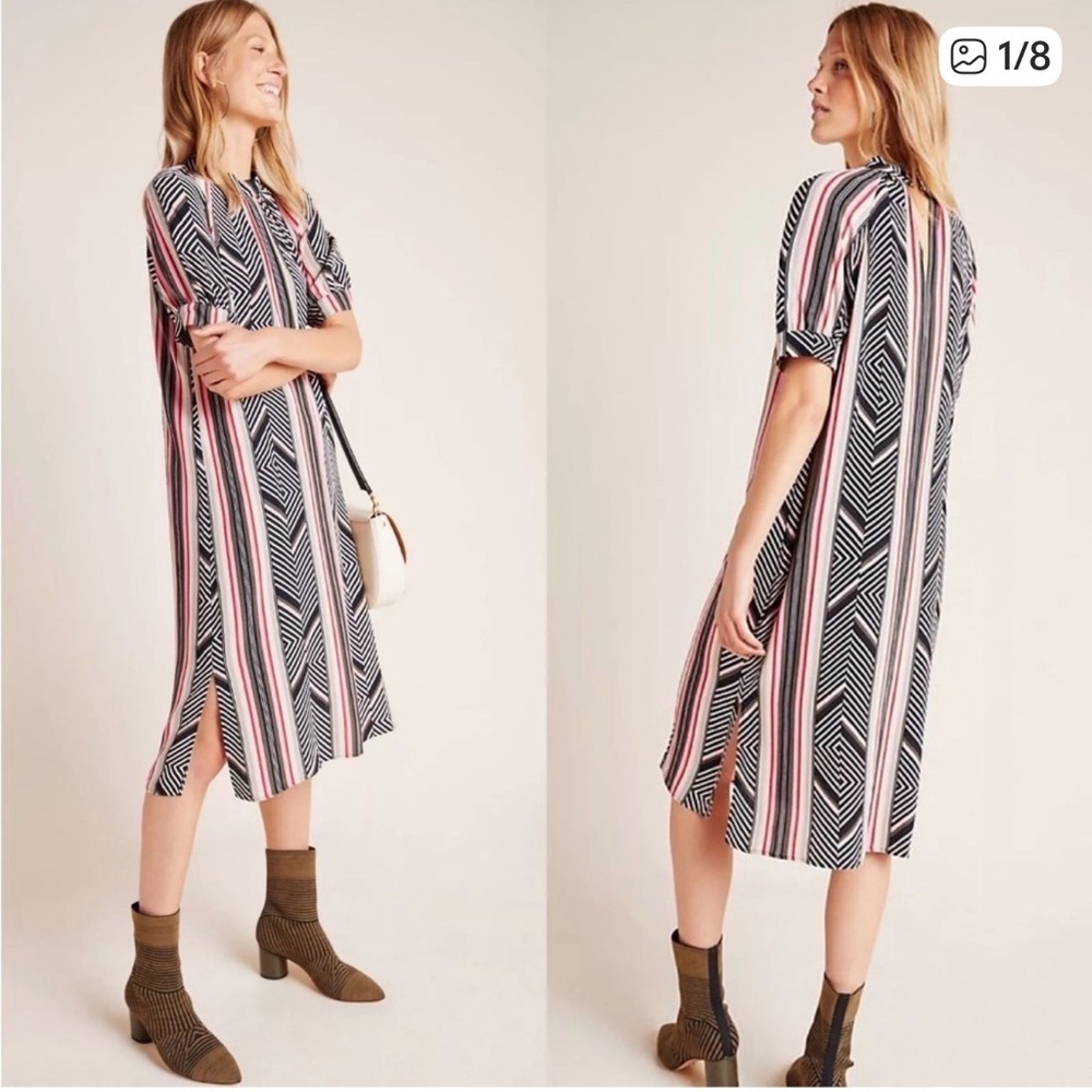 Anthropologie Black, Pink, and Cream Geometric Midi Dress